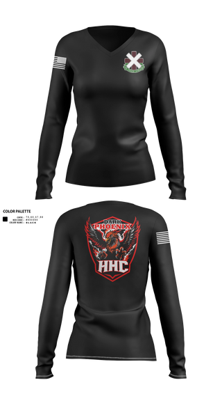 Womens Long Sleeve Vneck Shirt, HHC, 10th FH, Army, Teamtime, Team time, sublimation, custom sports apparel, team uniforms, spirit wear, spiritwear, sports uniforms, custom shirts, team store, custom team store, fundraiser sports, apparel fundraiser