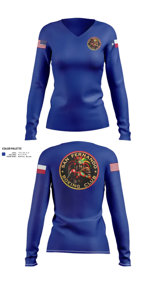Womens Long Sleeve Vneck Shirt, San Fernando Boxing Club, Spirit Store, Teamtime, Team time, sublimation, custom sports apparel, team uniforms, spirit wear, spiritwear, sports uniforms, custom shirts, team store, custom team store, fundraiser sports, apparel fundraiser