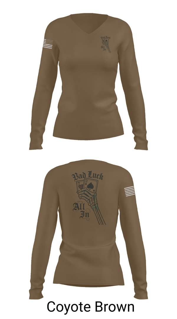 Womens Long Sleeve Vneck Shirt, 4th plt bad luck, Army, Teamtime, Team time, sublimation, custom sports apparel, team uniforms, spirit wear, spiritwear, sports uniforms, custom shirts, team store, custom team store, fundraiser sports, apparel fundraiser
