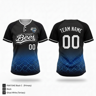 Two Button Softball Jersey, Detroit Bees, Softball, Teamtime, Team time, sublimation, custom sports apparel, team uniforms, spirit wear, spiritwear, sports uniforms, custom shirts, team store, custom team store, fundraiser sports, apparel fundraiser