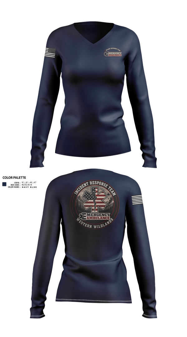 Womens Long Sleeve Vneck Shirt, Emergency Ambulance Service, EMS/EMT, Teamtime, Team time, sublimation, custom sports apparel, team uniforms, spirit wear, spiritwear, sports uniforms, custom shirts, team store, custom team store, fundraiser sports, apparel fundraiser