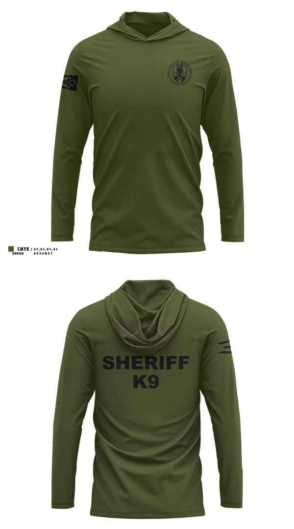 Long Sleeve Performance Shirt with hood, Franklin County Sheriff Office K9, Police, Teamtime, Team time, sublimation, custom sports apparel, team uniforms, spirit wear, spiritwear, sports uniforms, custom shirts, team store, custom team store, fundraiser sports, apparel fundraiser