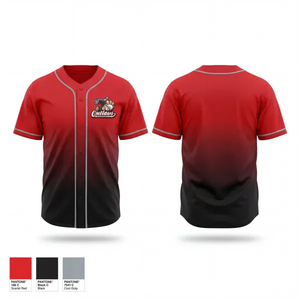 Full Button Baseball Jersey, Outlaws, Baseball, Teamtime, Team time, sublimation, custom sports apparel, team uniforms, spirit wear, spiritwear, sports uniforms, custom shirts, team store, custom team store, fundraiser sports, apparel fundraiser