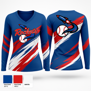 Womens Long Sleeve Vneck Shirt, Space Coast Rockets, Baseball, Teamtime, Team time, sublimation, custom sports apparel, team uniforms, spirit wear, spiritwear, sports uniforms, custom shirts, team store, custom team store, fundraiser sports, apparel fundraiser