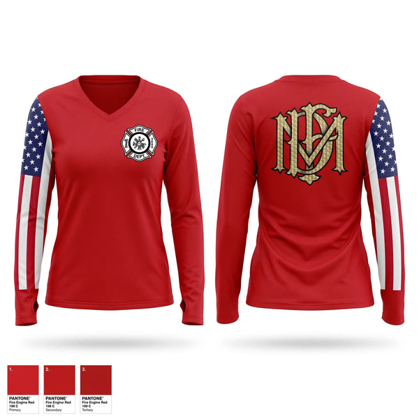 Womens Long Sleeve Vneck Shirt, Mountain Fire Department, Fire Department, Teamtime, Team time, sublimation, custom sports apparel, team uniforms, spirit wear, spiritwear, sports uniforms, custom shirts, team store, custom team store, fundraiser sports, apparel fundraiser