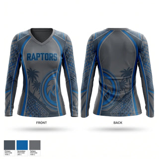 Womens Long Sleeve Vneck Shirt, Raptors, Baseball, Teamtime, Team time, sublimation, custom sports apparel, team uniforms, spirit wear, spiritwear, sports uniforms, custom shirts, team store, custom team store, fundraiser sports, apparel fundraiser