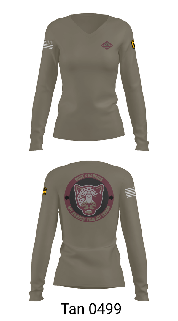 Womens Long Sleeve Vneck Shirt, Ross Rangers, Army, Teamtime, Team time, sublimation, custom sports apparel, team uniforms, spirit wear, spiritwear, sports uniforms, custom shirts, team store, custom team store, fundraiser sports, apparel fundraiser