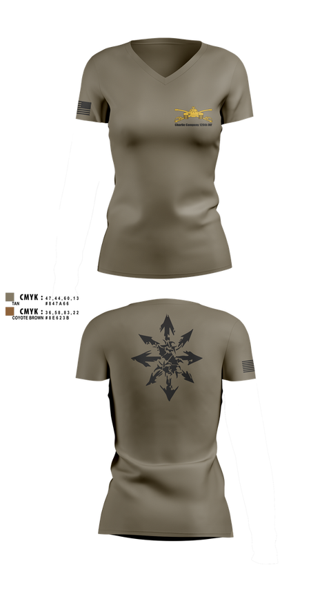 Womens Short Sleeve Vneck Shirt, Charlie Company 120th INF, National Guard, Teamtime, Team time, sublimation, custom sports apparel, team uniforms, spirit wear, spiritwear, sports uniforms, custom shirts, team store, custom team store, fundraiser sports, apparel fundraiser