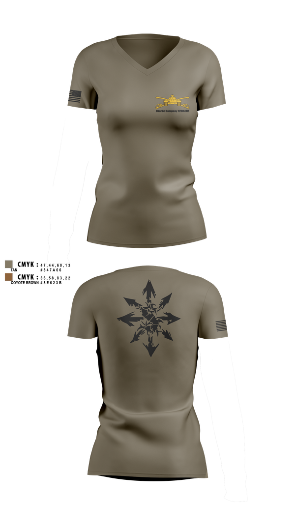 Womens Short Sleeve Vneck Shirt, Charlie Company 120th INF, National Guard, Teamtime, Team time, sublimation, custom sports apparel, team uniforms, spirit wear, spiritwear, sports uniforms, custom shirts, team store, custom team store, fundraiser sports, apparel fundraiser