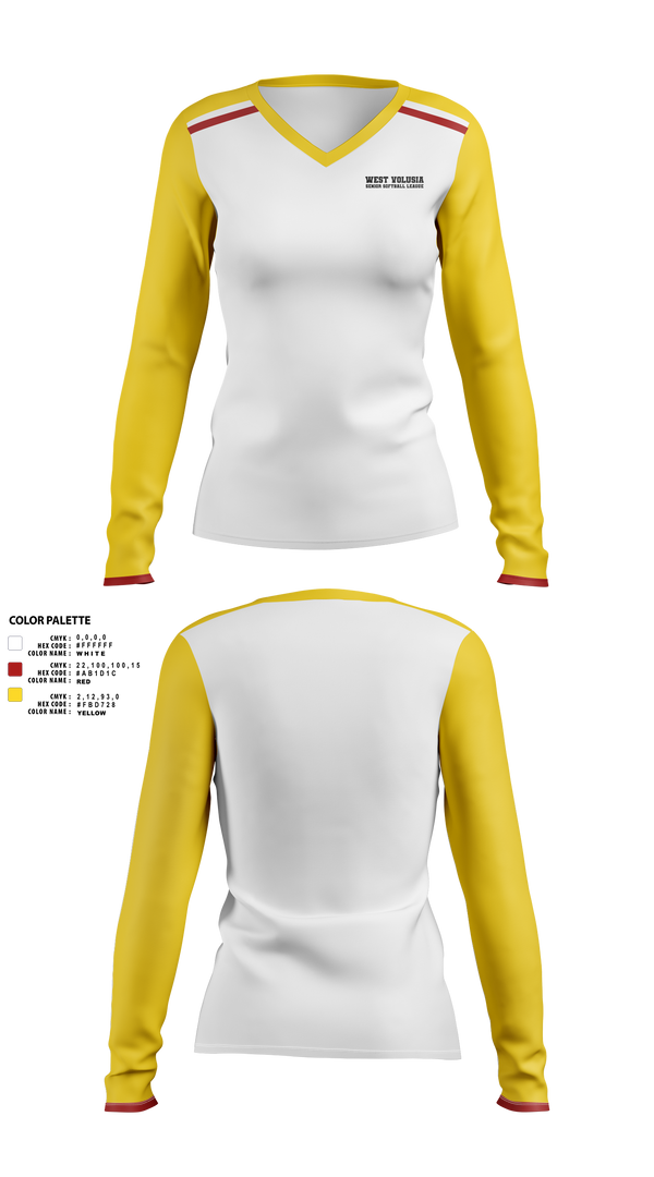 Womens Long Sleeve Vneck Shirt, West Volusia Senior Softball League, Softball, Teamtime, Team time, sublimation, custom sports apparel, team uniforms, spirit wear, spiritwear, sports uniforms, custom shirts, team store, custom team store, fundraiser sports, apparel fundraiser