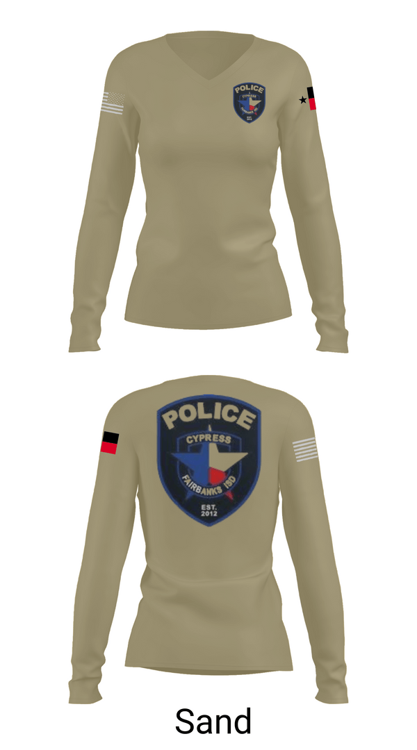 Womens Long Sleeve Vneck Shirt, Cypress- Fairbanks ISD Police Department, Police, Teamtime, Team time, sublimation, custom sports apparel, team uniforms, spirit wear, spiritwear, sports uniforms, custom shirts, team store, custom team store, fundraiser sports, apparel fundraiser