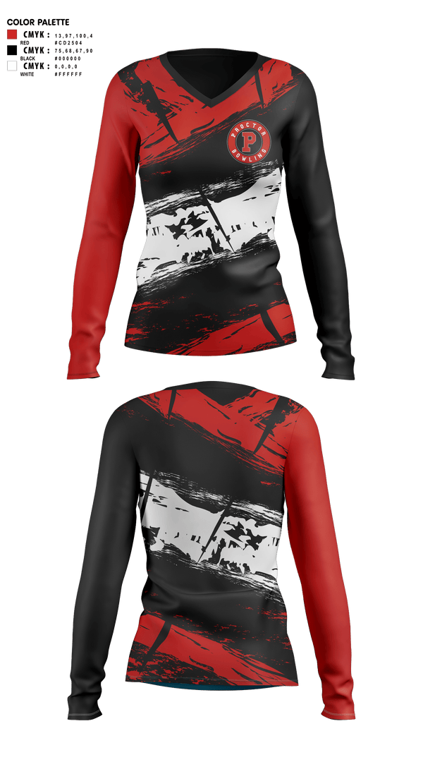 Womens Long Sleeve Vneck Shirt, Proctor Raiders, Bowling, Teamtime, Team time, sublimation, custom sports apparel, team uniforms, spirit wear, spiritwear, sports uniforms, custom shirts, team store, custom team store, fundraiser sports, apparel fundraiser