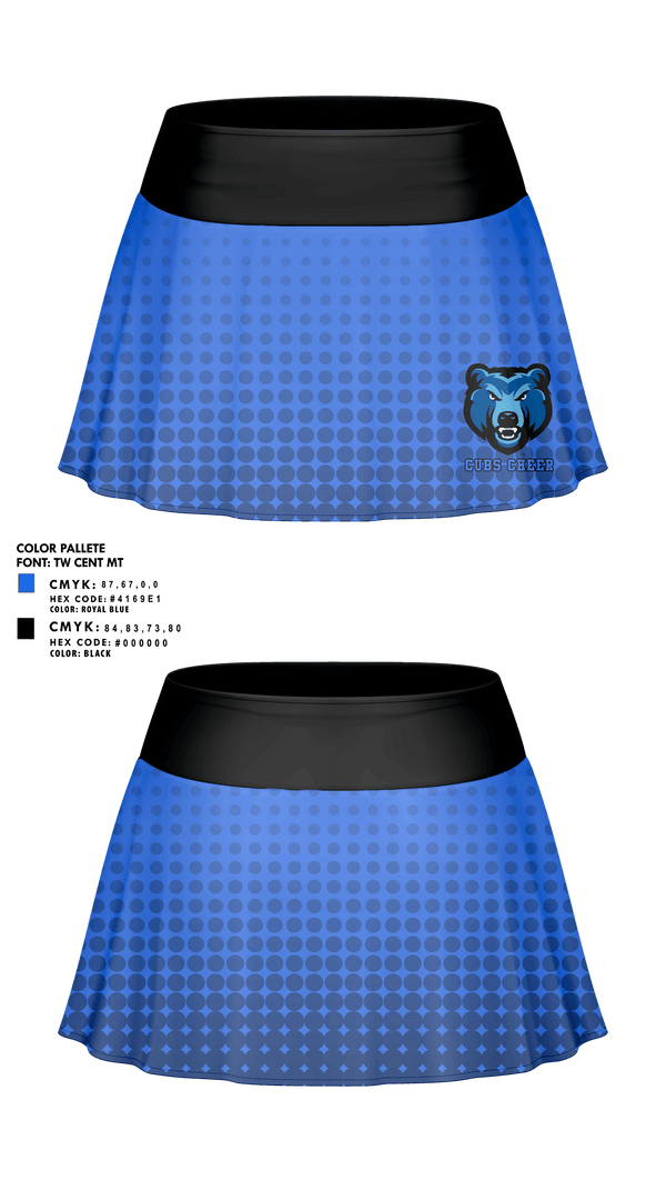 Skort, Cubs Cheer, Cheer, Teamtime, Team time, sublimation, custom sports apparel, team uniforms, spirit wear, spiritwear, sports uniforms, custom shirts, team store, custom team store, fundraiser sports, apparel fundraiser