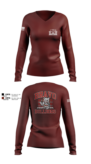 Womens Long Sleeve Vneck Shirt, Bravo Company “Bulldogs” 31st Engineer Battalion, , Teamtime, Team time, sublimation, custom sports apparel, team uniforms, spirit wear, spiritwear, sports uniforms, custom shirts, team store, custom team store, fundraiser sports, apparel fundraiser
