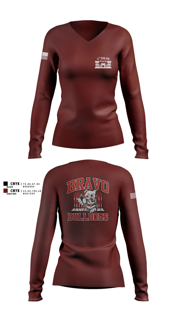 Womens Long Sleeve Vneck Shirt, Bravo Company “Bulldogs” 31st Engineer Battalion, , Teamtime, Team time, sublimation, custom sports apparel, team uniforms, spirit wear, spiritwear, sports uniforms, custom shirts, team store, custom team store, fundraiser sports, apparel fundraiser