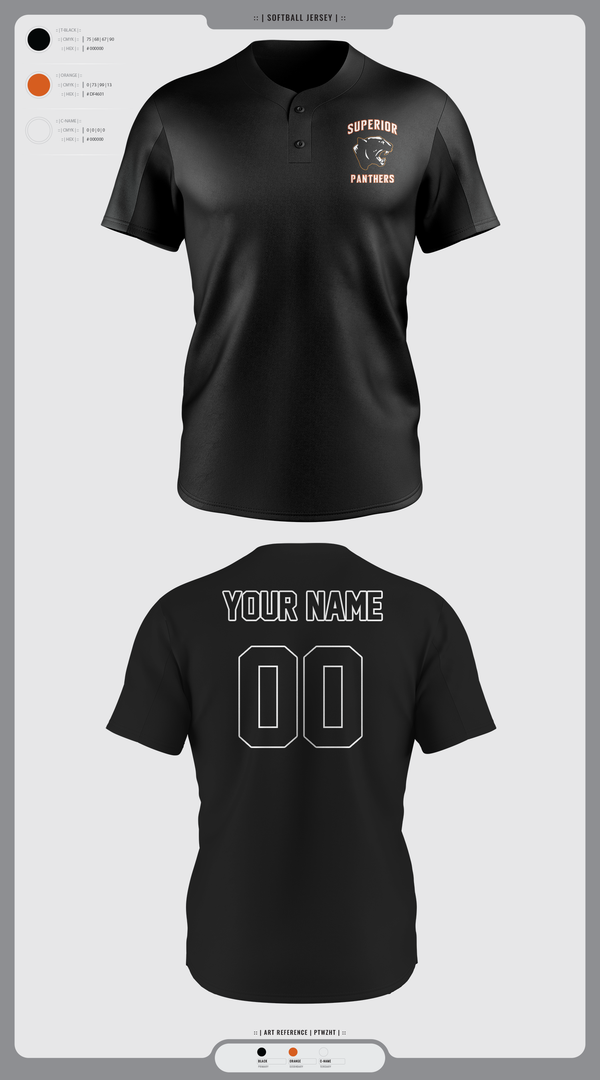 Two Button Baseball Jersey, Superior Panthers, Baseball, Teamtime, Team time, sublimation, custom sports apparel, team uniforms, spirit wear, spiritwear, sports uniforms, custom shirts, team store, custom team store, fundraiser sports, apparel fundraiser