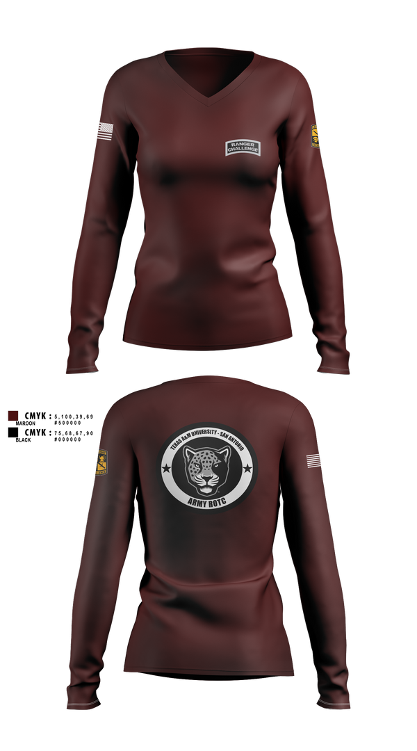 Womens Long Sleeve Vneck Shirt, TAMUSA ROTC, Army, Teamtime, Team time, sublimation, custom sports apparel, team uniforms, spirit wear, spiritwear, sports uniforms, custom shirts, team store, custom team store, fundraiser sports, apparel fundraiser