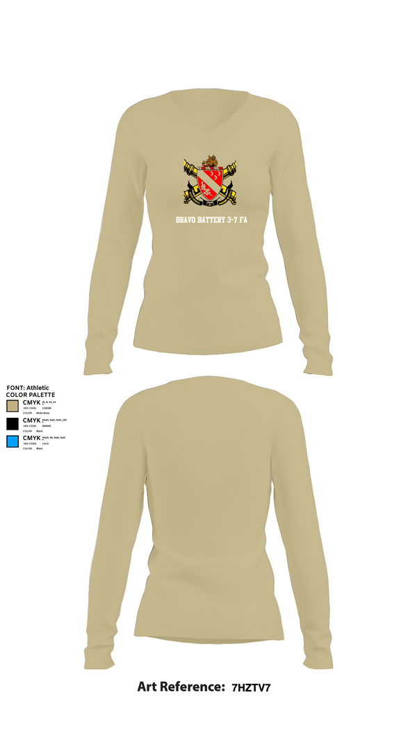Womens Long Sleeve Vneck Shirt, Bravo Battery 3-7 FA, Army, Teamtime, Team time, sublimation, custom sports apparel, team uniforms, spirit wear, spiritwear, sports uniforms, custom shirts, team store, custom team store, fundraiser sports, apparel fundraiser
