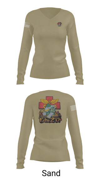 Womens Long Sleeve Vneck Shirt, Echo Company 232nd battalion, Army, Teamtime, Team time, sublimation, custom sports apparel, team uniforms, spirit wear, spiritwear, sports uniforms, custom shirts, team store, custom team store, fundraiser sports, apparel fundraiser