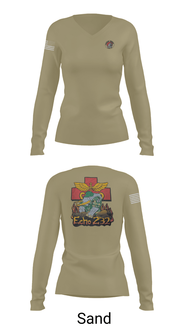 Womens Long Sleeve Vneck Shirt, Echo Company 232nd battalion, Army, Teamtime, Team time, sublimation, custom sports apparel, team uniforms, spirit wear, spiritwear, sports uniforms, custom shirts, team store, custom team store, fundraiser sports, apparel fundraiser