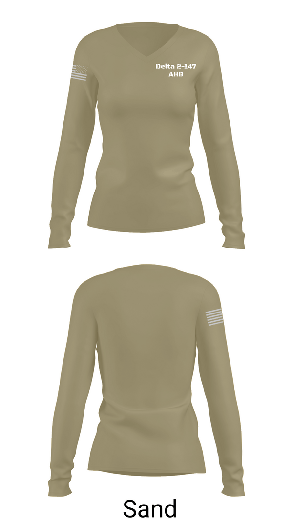 Womens Long Sleeve Vneck Shirt, Delta 2-147 AHB, Army, Teamtime, Team time, sublimation, custom sports apparel, team uniforms, spirit wear, spiritwear, sports uniforms, custom shirts, team store, custom team store, fundraiser sports, apparel fundraiser