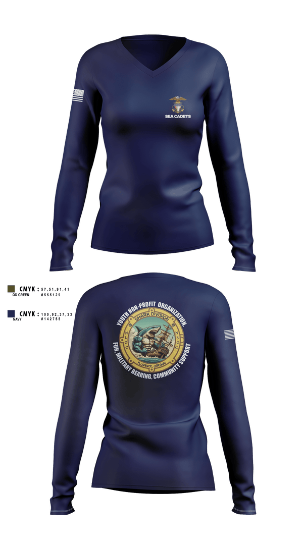 Womens Long Sleeve Vneck Shirt, US Naval Sea Cadets Shark Division, , Teamtime, Team time, sublimation, custom sports apparel, team uniforms, spirit wear, spiritwear, sports uniforms, custom shirts, team store, custom team store, fundraiser sports, apparel fundraiser