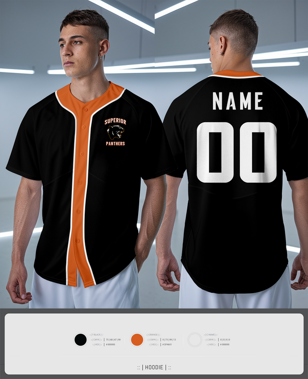 Full Button Baseball Jersey, Superior Panthers, Baseball, Teamtime, Team time, sublimation, custom sports apparel, team uniforms, spirit wear, spiritwear, sports uniforms, custom shirts, team store, custom team store, fundraiser sports, apparel fundraiser