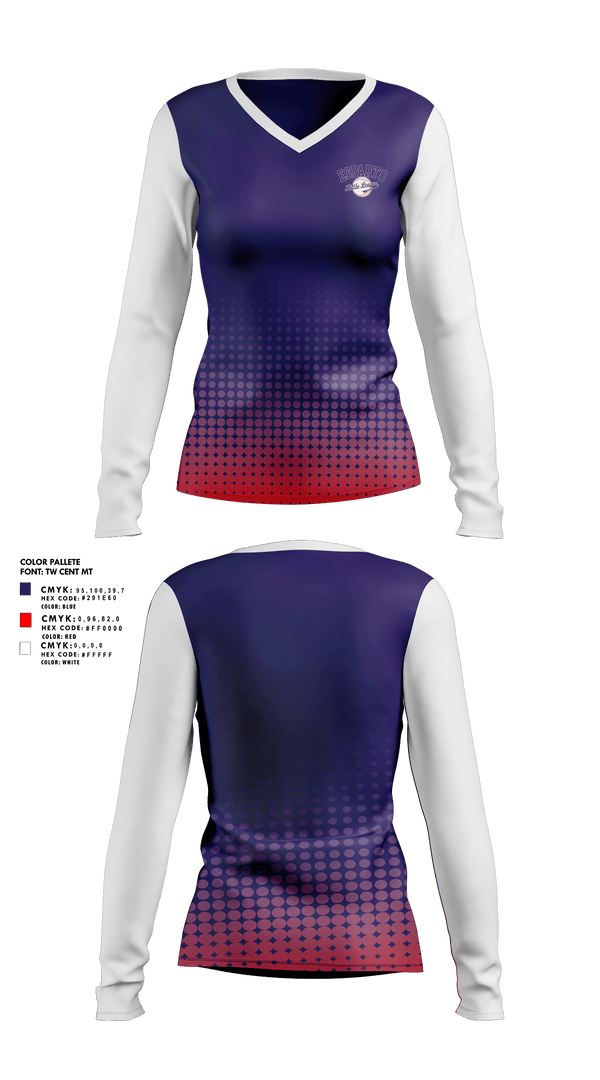 Womens Long Sleeve Vneck Shirt, Esparto Little League, Spirit Store, Teamtime, Team time, sublimation, custom sports apparel, team uniforms, spirit wear, spiritwear, sports uniforms, custom shirts, team store, custom team store, fundraiser sports, apparel fundraiser