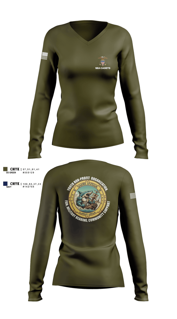 Womens Long Sleeve Vneck Shirt, US Naval Sea Cadets Shark Division, , Teamtime, Team time, sublimation, custom sports apparel, team uniforms, spirit wear, spiritwear, sports uniforms, custom shirts, team store, custom team store, fundraiser sports, apparel fundraiser