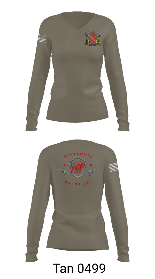 Womens Long Sleeve Vneck Shirt, Bravo Battery 3-7 FA, Army, Teamtime, Team time, sublimation, custom sports apparel, team uniforms, spirit wear, spiritwear, sports uniforms, custom shirts, team store, custom team store, fundraiser sports, apparel fundraiser