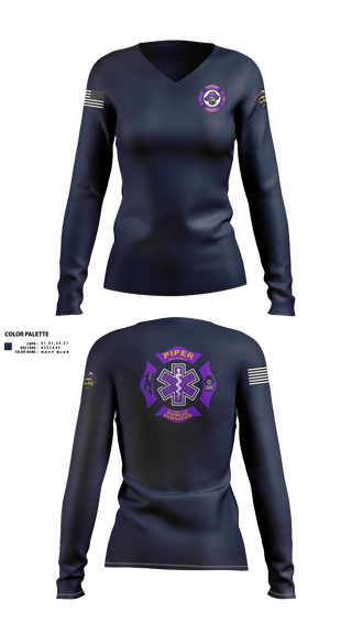 Womens Long Sleeve Vneck Shirt, Piper High School Public Services Academy, Fire Department, Teamtime, Team time, sublimation, custom sports apparel, team uniforms, spirit wear, spiritwear, sports uniforms, custom shirts, team store, custom team store, fundraiser sports, apparel fundraiser