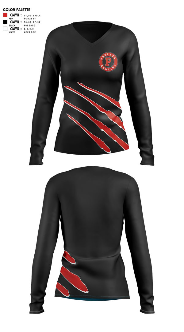 Womens Long Sleeve Vneck Shirt, Proctor Raiders, Bowling, Teamtime, Team time, sublimation, custom sports apparel, team uniforms, spirit wear, spiritwear, sports uniforms, custom shirts, team store, custom team store, fundraiser sports, apparel fundraiser