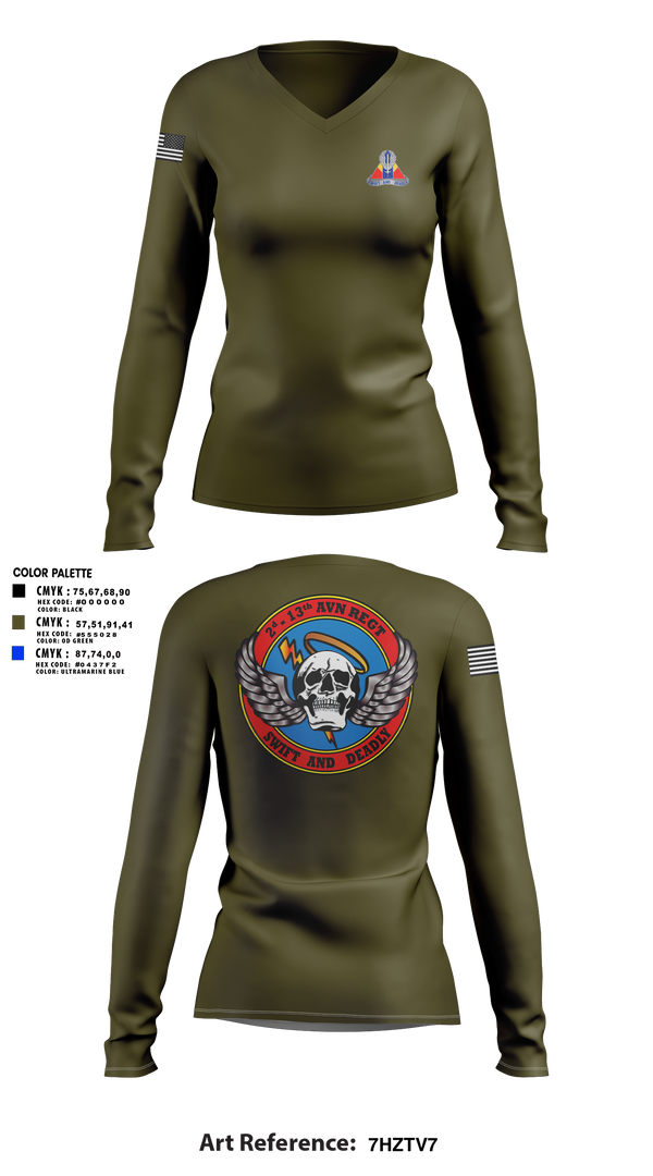 Womens Long Sleeve Vneck Shirt, A Co, 2-13th Aviation Regiment, , Teamtime, Team time, sublimation, custom sports apparel, team uniforms, spirit wear, spiritwear, sports uniforms, custom shirts, team store, custom team store, fundraiser sports, apparel fundraiser
