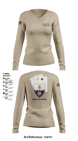 Womens Long Sleeve Vneck Shirt, Anvil company, 2-22 Infantry, Army, Teamtime, Team time, sublimation, custom sports apparel, team uniforms, spirit wear, spiritwear, sports uniforms, custom shirts, team store, custom team store, fundraiser sports, apparel fundraiser