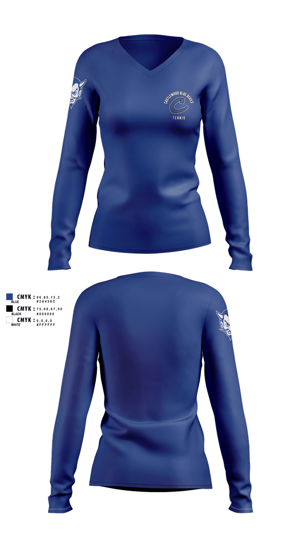 Womens Long Sleeve Vneck Shirt, Castlewood Blue Devils, Tennis, Teamtime, Team time, sublimation, custom sports apparel, team uniforms, spirit wear, spiritwear, sports uniforms, custom shirts, team store, custom team store, fundraiser sports, apparel fundraiser