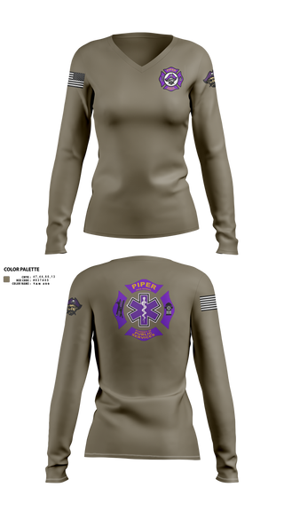 Womens Long Sleeve Vneck Shirt, Piper High School Public Services Academy, Fire Department, Teamtime, Team time, sublimation, custom sports apparel, team uniforms, spirit wear, spiritwear, sports uniforms, custom shirts, team store, custom team store, fundraiser sports, apparel fundraiser