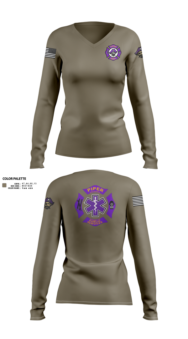 Womens Long Sleeve Vneck Shirt, Piper High School Public Services Academy, Fire Department, Teamtime, Team time, sublimation, custom sports apparel, team uniforms, spirit wear, spiritwear, sports uniforms, custom shirts, team store, custom team store, fundraiser sports, apparel fundraiser