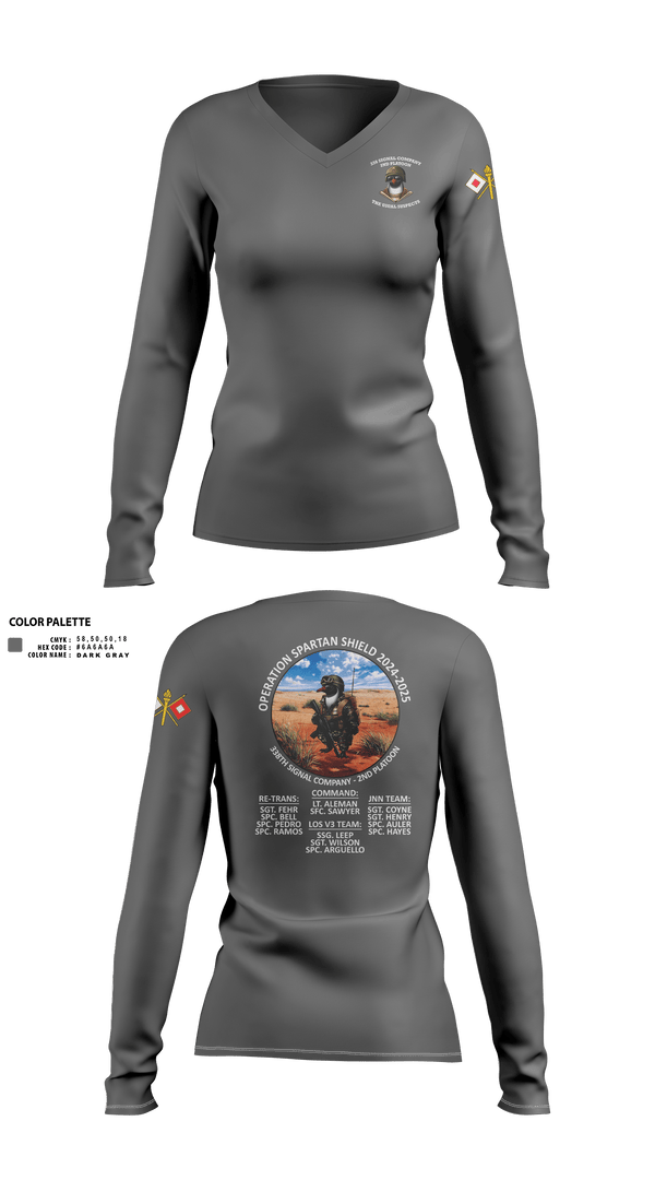 Womens Long Sleeve Vneck Shirt, 338th Signal Company, Army, Teamtime, Team time, sublimation, custom sports apparel, team uniforms, spirit wear, spiritwear, sports uniforms, custom shirts, team store, custom team store, fundraiser sports, apparel fundraiser