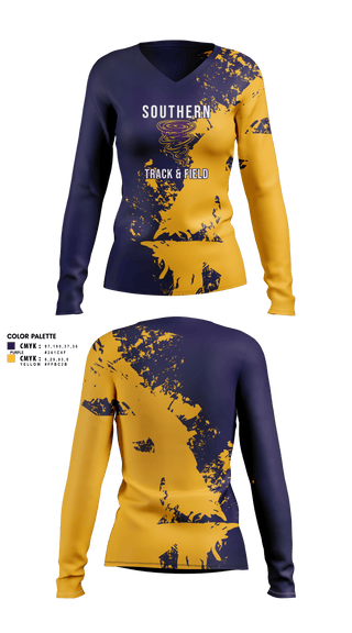 Womens Long Sleeve Vneck Shirt, Southern Middle School Track and Field, Track & Field, Teamtime, Team time, sublimation, custom sports apparel, team uniforms, spirit wear, spiritwear, sports uniforms, custom shirts, team store, custom team store, fundraiser sports, apparel fundraiser