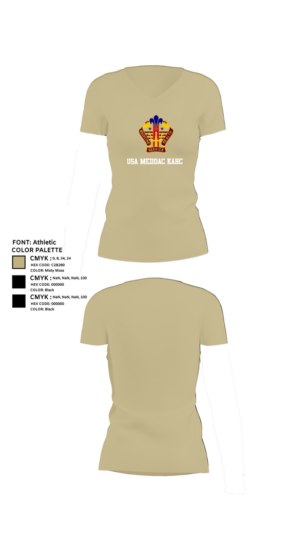 Womens Short Sleeve Vneck Shirt, USA MEDDAC KAHC, Army, Teamtime, Team time, sublimation, custom sports apparel, team uniforms, spirit wear, spiritwear, sports uniforms, custom shirts, team store, custom team store, fundraiser sports, apparel fundraiser