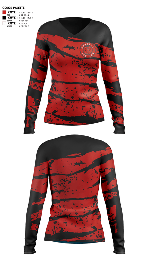 Womens Long Sleeve Vneck Shirt, Proctor Raiders, Bowling, Teamtime, Team time, sublimation, custom sports apparel, team uniforms, spirit wear, spiritwear, sports uniforms, custom shirts, team store, custom team store, fundraiser sports, apparel fundraiser