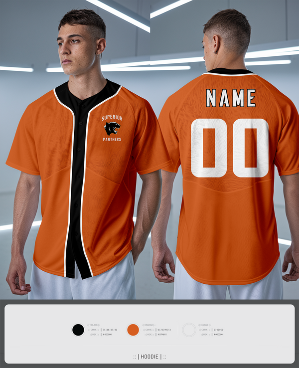 Full Button Baseball Jersey, Superior Panthers, Baseball, Teamtime, Team time, sublimation, custom sports apparel, team uniforms, spirit wear, spiritwear, sports uniforms, custom shirts, team store, custom team store, fundraiser sports, apparel fundraiser