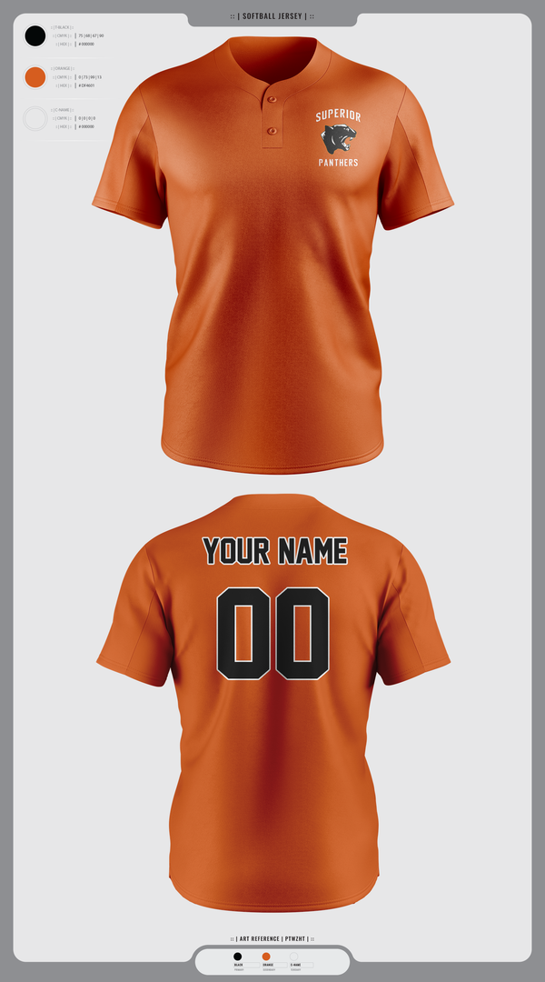 Two Button Baseball Jersey, Superior Panthers, Baseball, Teamtime, Team time, sublimation, custom sports apparel, team uniforms, spirit wear, spiritwear, sports uniforms, custom shirts, team store, custom team store, fundraiser sports, apparel fundraiser