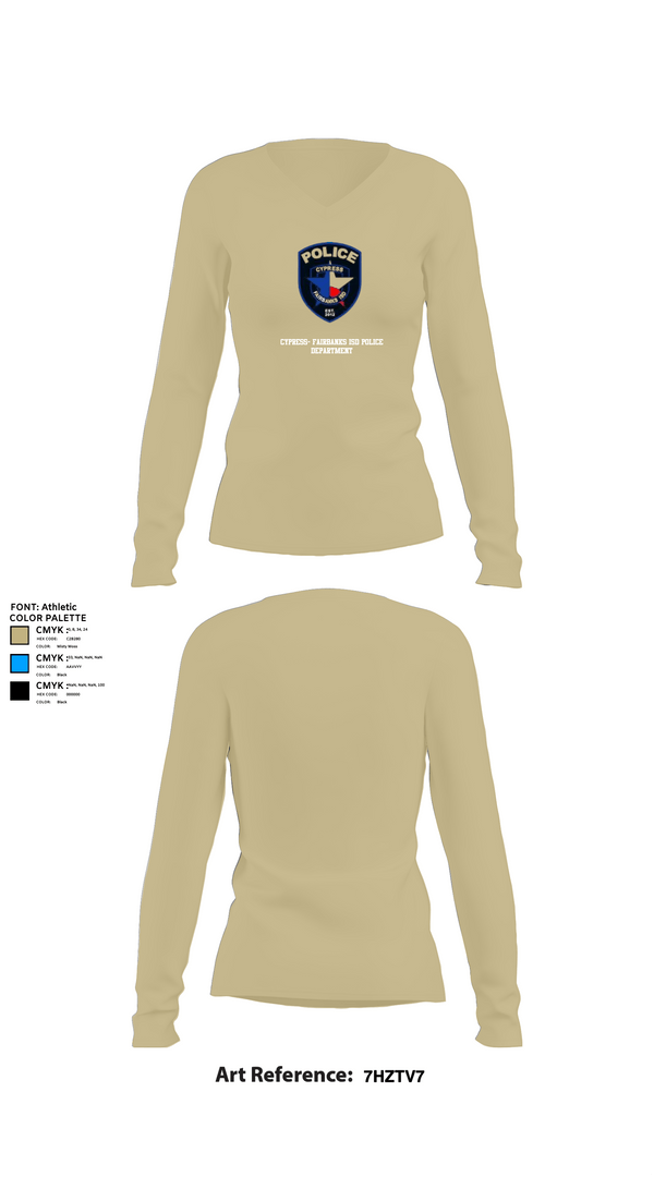 Womens Long Sleeve Vneck Shirt, Cypress- Fairbanks ISD Police Department, Police, Teamtime, Team time, sublimation, custom sports apparel, team uniforms, spirit wear, spiritwear, sports uniforms, custom shirts, team store, custom team store, fundraiser sports, apparel fundraiser