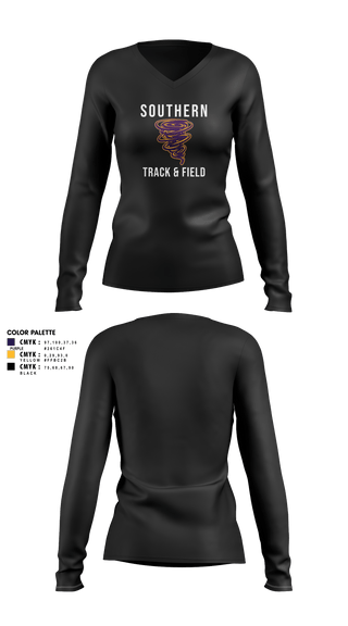 Womens Long Sleeve Vneck Shirt, Southern Middle School Track and Field, Track & Field, Teamtime, Team time, sublimation, custom sports apparel, team uniforms, spirit wear, spiritwear, sports uniforms, custom shirts, team store, custom team store, fundraiser sports, apparel fundraiser