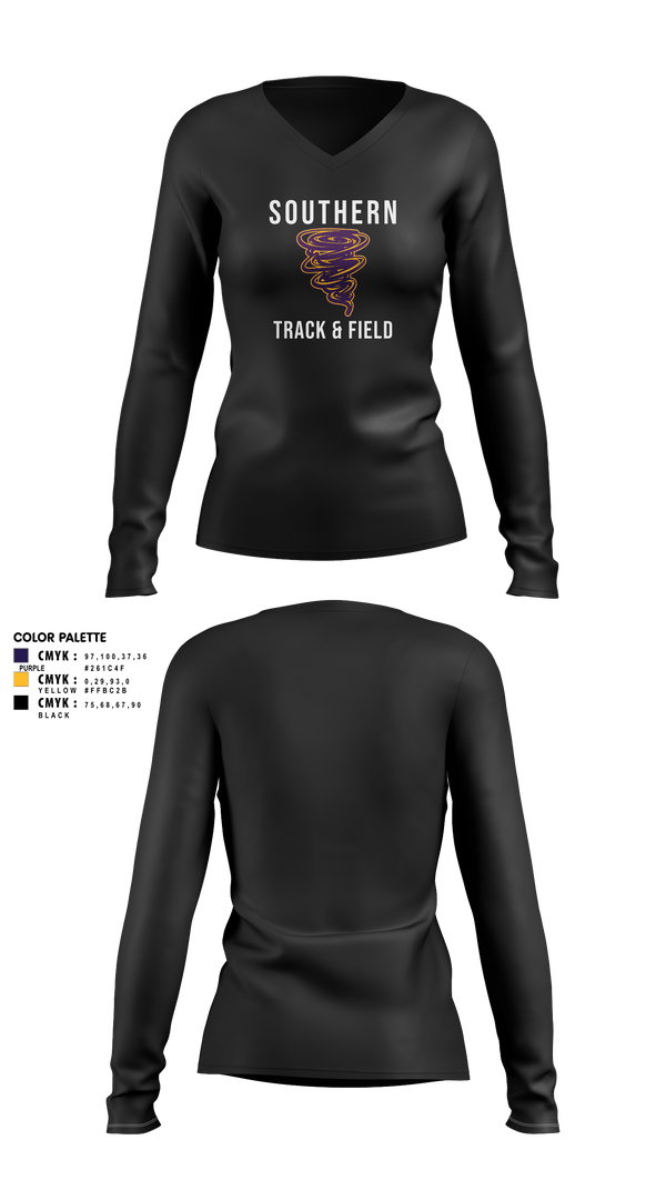 Womens Long Sleeve Vneck Shirt, Southern Middle School Track and Field, Track & Field, Teamtime, Team time, sublimation, custom sports apparel, team uniforms, spirit wear, spiritwear, sports uniforms, custom shirts, team store, custom team store, fundraiser sports, apparel fundraiser