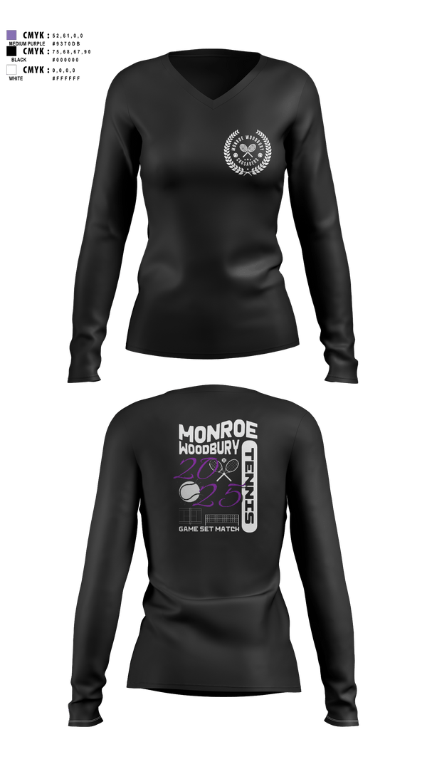 Womens Long Sleeve Vneck Shirt, Monroe Woodbury, Tennis, Teamtime, Team time, sublimation, custom sports apparel, team uniforms, spirit wear, spiritwear, sports uniforms, custom shirts, team store, custom team store, fundraiser sports, apparel fundraiser