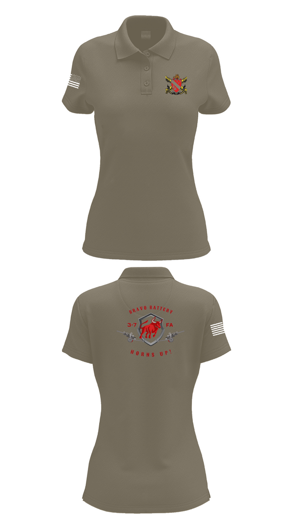 Womens Short Sleeve Performance Polo, Bravo Battery 3-7 FA, Army, Teamtime, Team time, sublimation, custom sports apparel, team uniforms, spirit wear, spiritwear, sports uniforms, custom shirts, team store, custom team store, fundraiser sports, apparel fundraiser