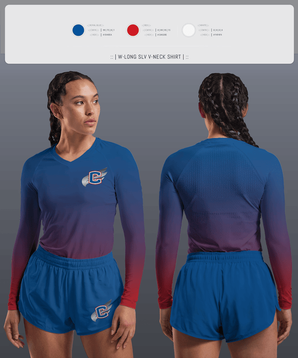 Womens Long Sleeve Vneck Shirt, Cleveland Blue Raiders, Track & Field, Teamtime, Team time, sublimation, custom sports apparel, team uniforms, spirit wear, spiritwear, sports uniforms, custom shirts, team store, custom team store, fundraiser sports, apparel fundraiser