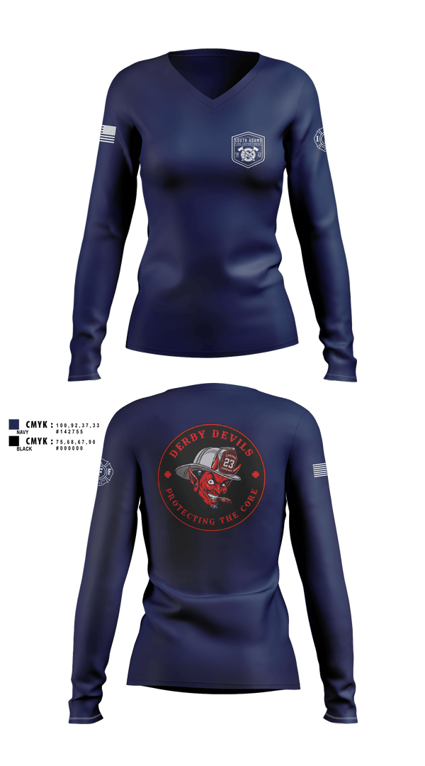 Womens Long Sleeve Vneck Shirt, South Adams County FD, Fire Department, Teamtime, Team time, sublimation, custom sports apparel, team uniforms, spirit wear, spiritwear, sports uniforms, custom shirts, team store, custom team store, fundraiser sports, apparel fundraiser